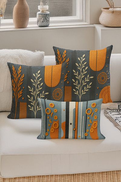 Bertille Home Set de 3 huse de pernă cu imprimare digitală pe două părți (aspect de broderie cu model de puncție)