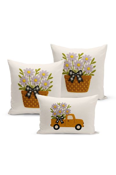 Bertille Home Set de 3 huse de pernă cu imprimare digitală pe două părți (aspect de broderie cu model de puncție)