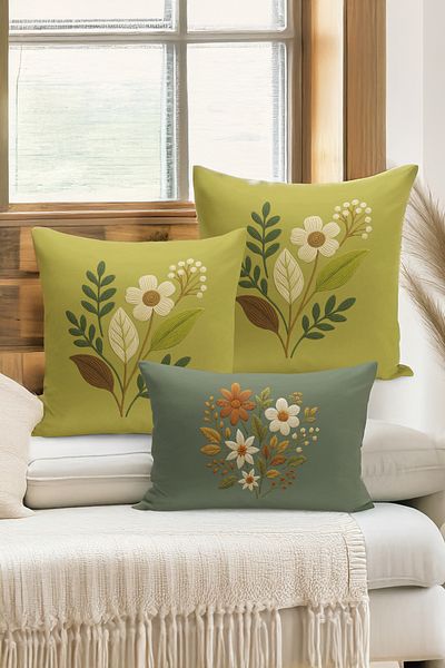 Bertille Home Set de 3 huse de pernă cu imprimare digitală pe două părți (aspect de broderie cu model de puncție)
