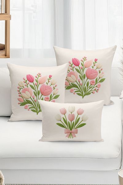 Bertille Home Set de 3 huse de pernă cu imprimare digitală pe două părți (aspect de broderie cu model de puncție)