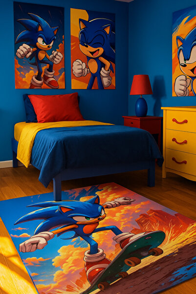new colourse 🌀SonicÇocuk Odası Dijital Baskılı Altı Kaymaz Pamuk Tabanlı Halı
