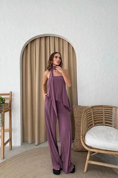 MOZENA Strapless Asymmetrical Blouse and Pants Scarf Set