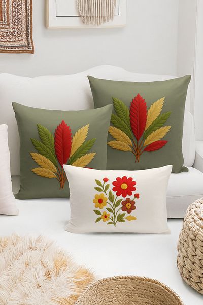 Bertille Home Set de 3 huse de pernă cu imprimare digitală pe două părți (aspect de broderie cu model de puncție)