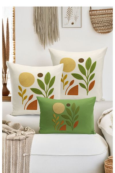 Bertille Home Set de 3 huse de pernă cu imprimare digitală pe două părți (aspect de broderie cu model de puncție)