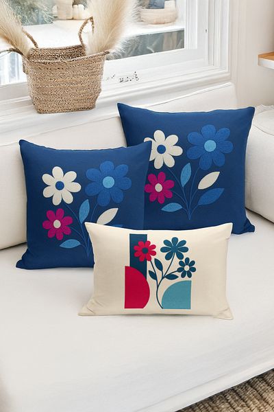 Bertille Home Set de 3 huse de pernă cu imprimare digitală pe două părți (aspect de broderie cu model de puncție)