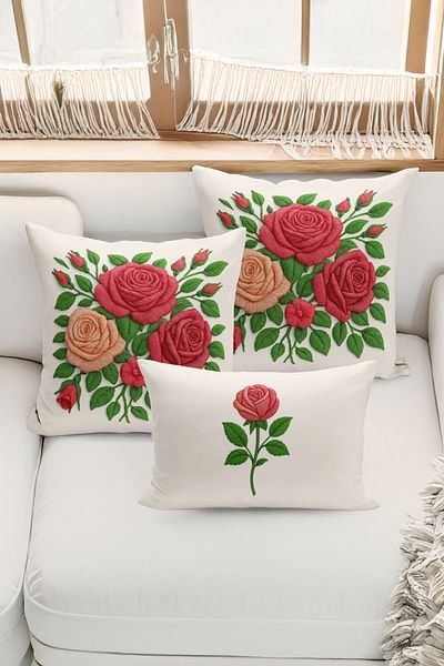 Bertille Home Set de 3 huse de pernă cu imprimare digitală pe două părți (aspect de broderie cu model de puncție)