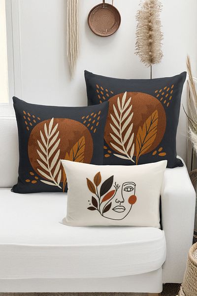 Bertille Home Set de 3 huse de pernă cu imprimare digitală pe două părți (aspect de broderie cu model de puncție)