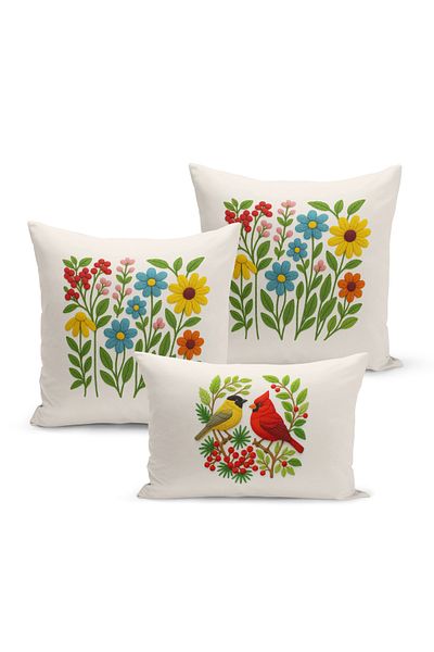 Bertille Home Set de 3 huse de pernă cu imprimare digitală pe două părți (aspect de broderie cu model de puncție)