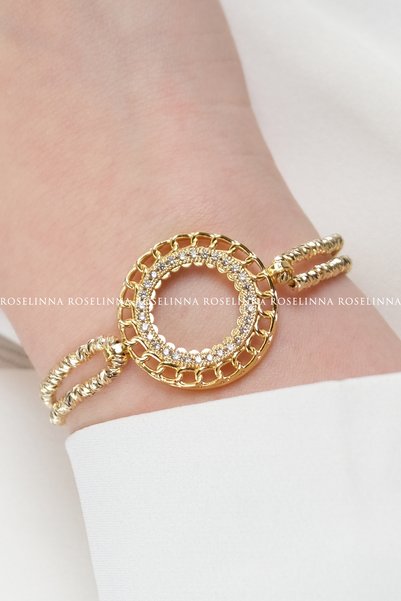 ROSELİNNA Gold Color Drawstring Adjustable Quarter Bracelet Model, Dorika Beaded Quarter Frame Bracelet