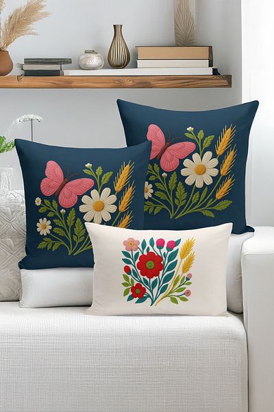 Bertille Home Set de 3 huse de pernă cu imprimare digitală pe două părți (aspect de broderie cu model de puncție)