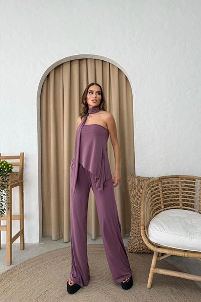 MOZENA Strapless Asymmetrical Blouse and Pants Scarf Set