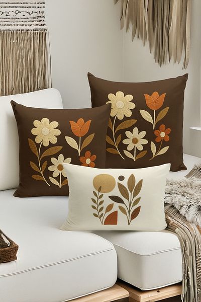 Bertille Home Set de 3 huse de pernă cu imprimare digitală pe două părți (aspect de broderie cu model de puncție)