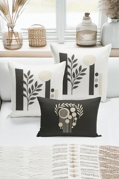 Bertille Home Set de 3 huse de pernă cu imprimare digitală pe două părți (aspect de broderie cu model de puncție)