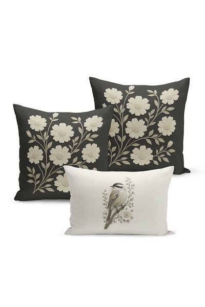 Bertille Home Set de 3 huse de pernă cu imprimare digitală pe două părți (aspect de broderie cu model de puncție)