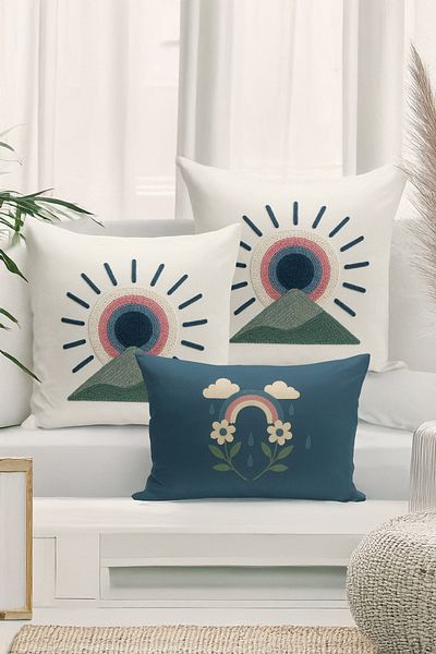 Bertille Home Set de 3 huse de pernă cu imprimare digitală pe două părți (aspect de broderie cu model de puncție)