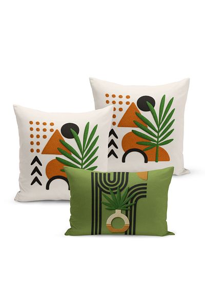 Bertille Home Set de 3 huse de pernă cu imprimare digitală pe două părți (aspect de broderie cu model de puncție)