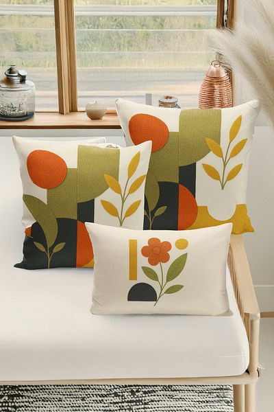 Bertille Home Set de 3 huse de pernă cu imprimare digitală pe două părți (aspect de broderie cu model de puncție)