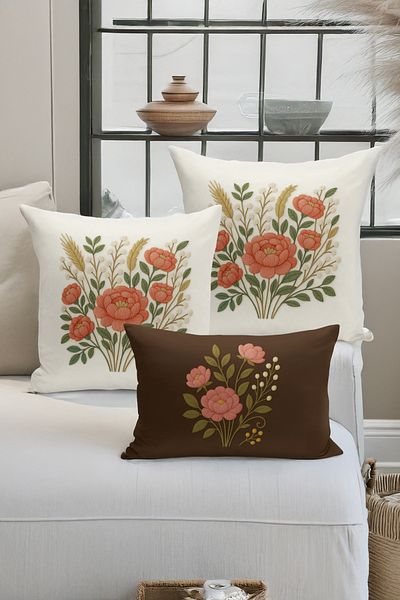 Bertille Home Set de 3 huse de pernă cu imprimare digitală pe două părți (aspect de broderie cu model de puncție)