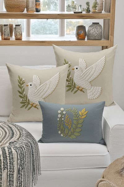 Bertille Home Set de 3 huse de pernă cu imprimare digitală pe două părți (aspect de broderie cu model de puncție)