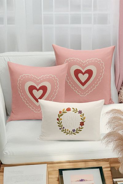 Bertille Home Set de 3 huse de pernă cu imprimare digitală pe două părți (aspect de broderie cu model de puncție)