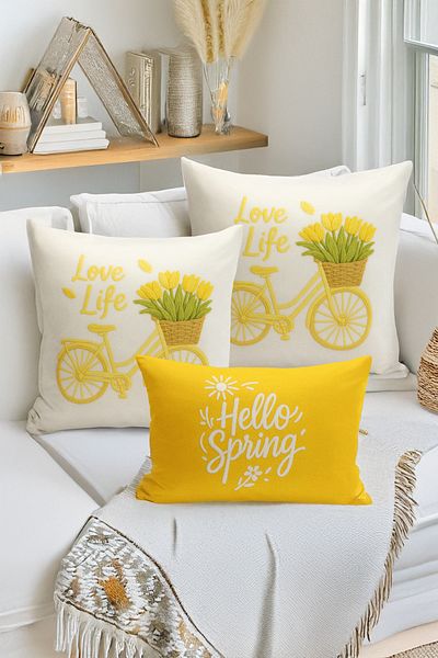 Bertille Home Set de 3 huse de pernă cu imprimare digitală pe două părți (aspect de broderie cu model de puncție)