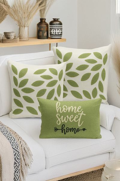 Bertille Home Set de 3 huse de pernă cu imprimare digitală pe două părți (aspect de broderie cu model de puncție)