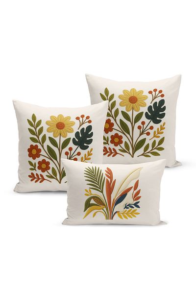 Bertille Home Set de 3 huse de pernă cu imprimare digitală pe două părți (aspect de broderie cu model de puncție)