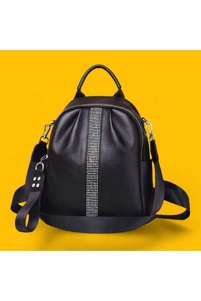 Lucmark Geanta dama tip rucsac, piele naturala de vaca, capacitate mare, curea de umar detasabila, Negru
