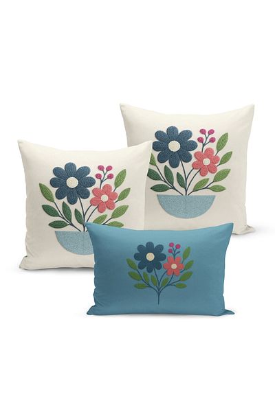 Bertille Home Set de 3 huse de pernă cu imprimare digitală pe două părți (aspect de broderie cu model de puncție)