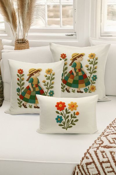 Bertille Home Set de 3 huse de pernă cu imprimare digitală pe două părți (aspect de broderie cu model de puncție)