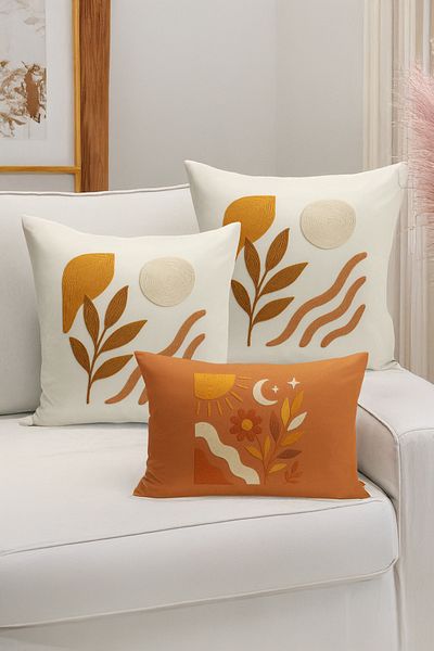 Bertille Home Set de 3 huse de pernă cu imprimare digitală pe două părți (aspect de broderie cu model de puncție)