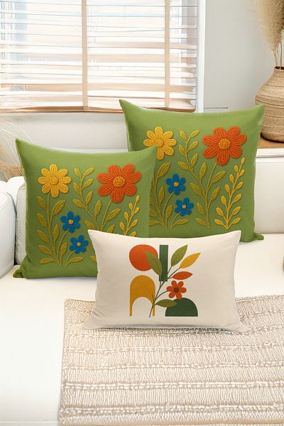 Bertille Home Set de 3 huse de pernă cu imprimare digitală pe două părți (aspect de broderie cu model de puncție)