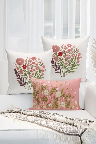 Bertille Home Set de 3 huse de pernă cu imprimare digitală pe două părți (aspect de broderie cu model de puncție)