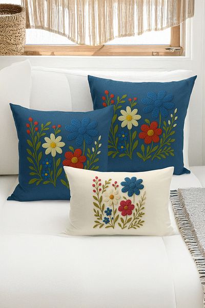 Bertille Home Set de 3 huse de pernă cu imprimare digitală pe două părți (aspect de broderie cu model de puncție)
