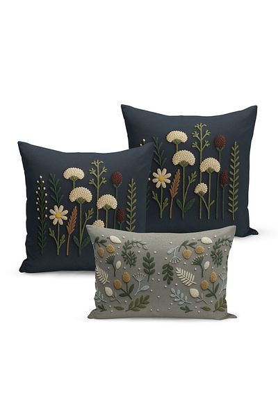 Bertille Home Set de 3 huse de pernă cu imprimare digitală pe două părți (aspect de broderie cu model de puncție)