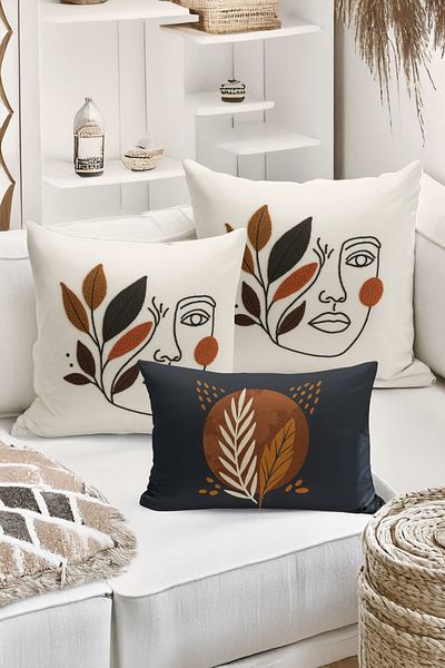 Bertille Home Set de 3 huse de pernă cu imprimare digitală pe două părți (aspect de broderie cu model de puncție)