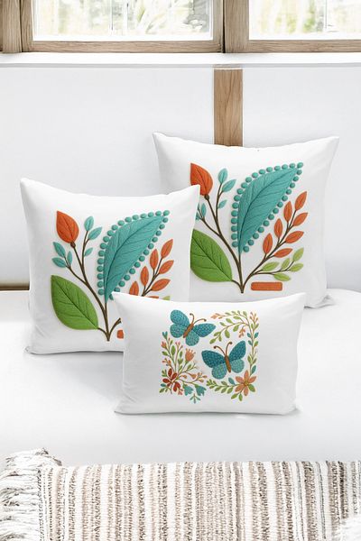 Bertille Home Set de 3 huse de pernă cu imprimare digitală pe două părți (aspect de broderie cu model de puncție)