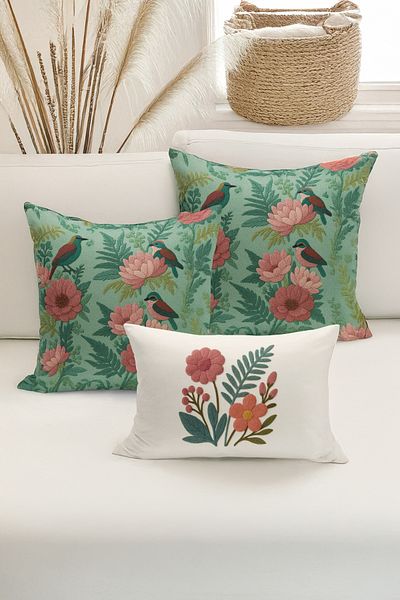 Bertille Home Set de 3 huse de pernă cu imprimare digitală pe două părți (aspect de broderie cu model de puncție)