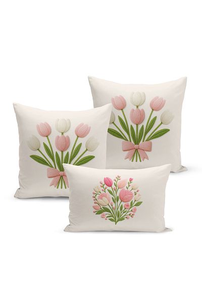 Bertille Home Set de 3 huse de pernă cu imprimare digitală pe două părți (aspect de broderie cu model de puncție)