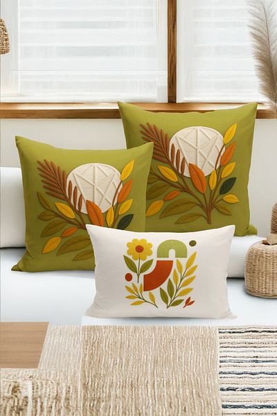 Bertille Home Set de 3 huse de pernă cu imprimare digitală pe două părți (aspect de broderie cu model de puncție)