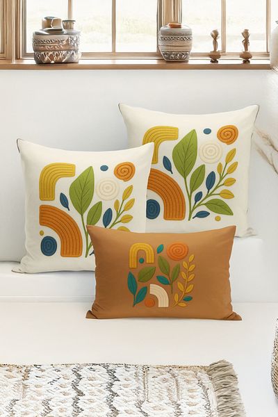 Bertille Home Set de 3 huse de pernă cu imprimare digitală pe două părți (aspect de broderie cu model de puncție)