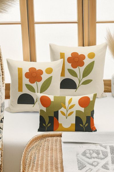 Bertille Home Set de 3 huse de pernă cu imprimare digitală pe două părți (aspect de broderie cu model de puncție)