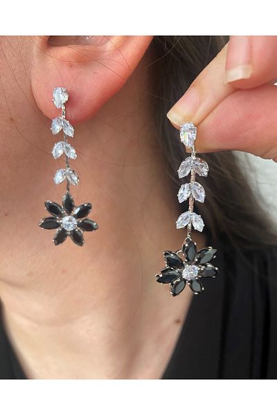 ER TAKI Silver Colored Black Stone Flower Dangle Stylish Party Engagement Henna Wedding Evening Dress Earrings
