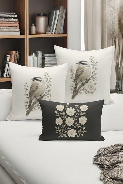 Bertille Home Set de 3 huse de pernă cu imprimare digitală pe două părți (aspect de broderie cu model de puncție)
