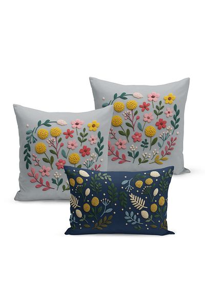 Bertille Home Set de 3 huse de pernă cu imprimare digitală pe două părți (aspect de broderie cu model de puncție)