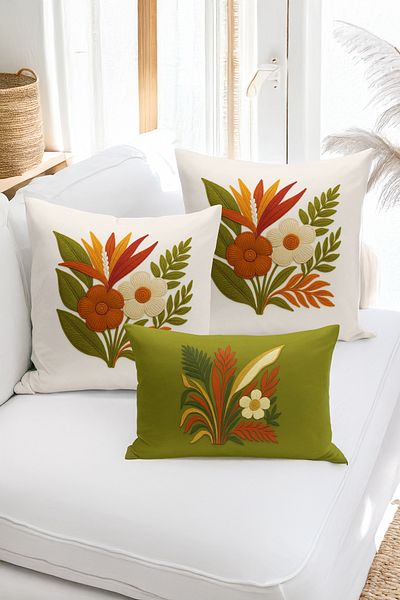 Bertille Home Set de 3 huse de pernă cu imprimare digitală pe două părți (aspect de broderie cu model de puncție)