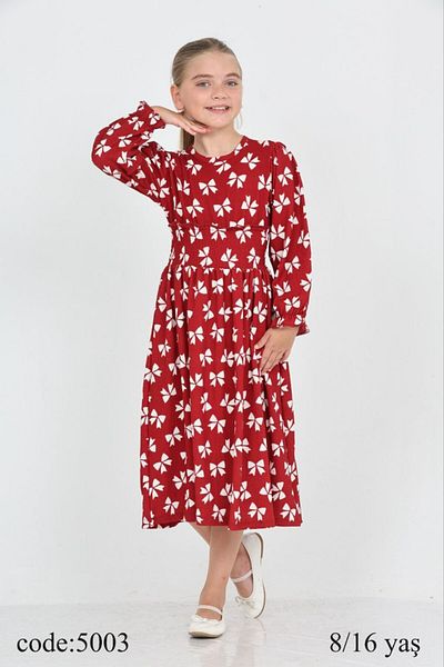 ARBİ kids Girls' Bow Print Long Sleeve Dress Waist Detail