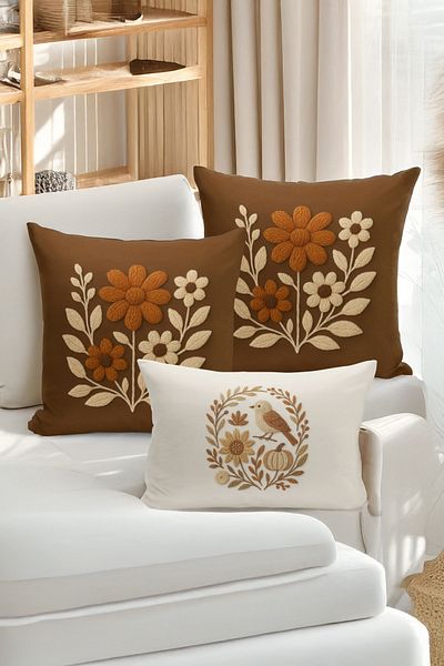 Bertille Home Set de 3 huse de pernă cu imprimare digitală pe două părți (aspect de broderie cu model de puncție)