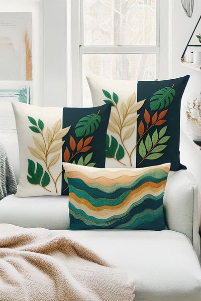 Bertille Home Set de 3 huse de pernă cu imprimare digitală pe două părți (aspect de broderie cu model de puncție)
