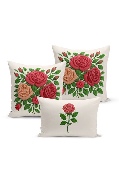Bertille Home Set de 3 huse de pernă cu imprimare digitală pe două părți (aspect de broderie cu model de puncție)